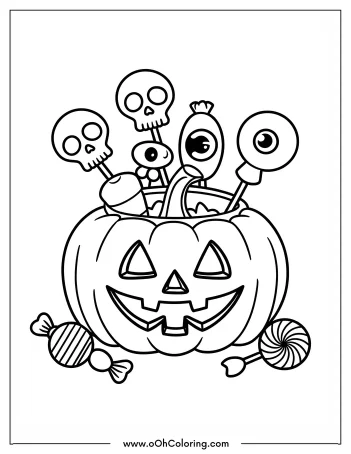 Halloween coloring page featuring a pumpkin filled with skull and eyeball lollipops.