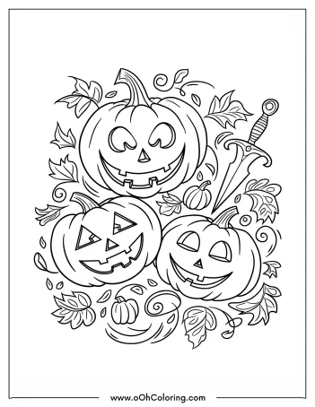Coloring page with three carved pumpkins and a decorative sword, surrounded by leaves.