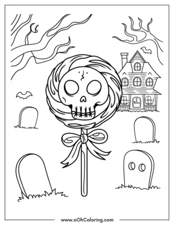 A coloring page of a skull lollipop in a graveyard with a haunted house.