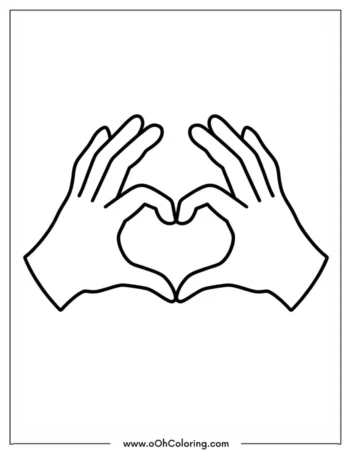 A coloring page of two hands creating a heart shape