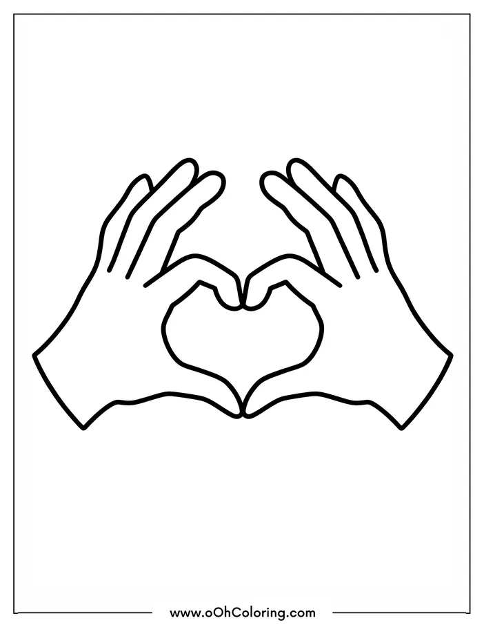 A coloring page of two hands creating a heart shape