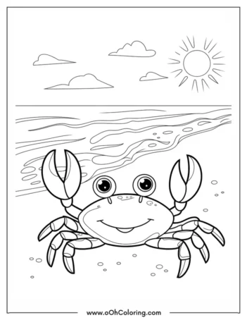 A coloring page of a smiling crab at the beach with the sun overhead