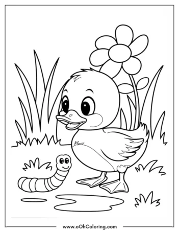 Coloring page of a smiling duckling looking at a worm