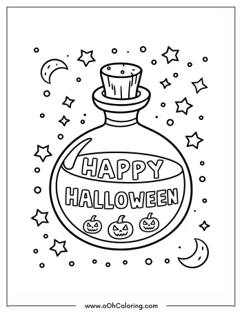 A Halloween coloring page with a potion bottle, stars, moons, and pumpkins.