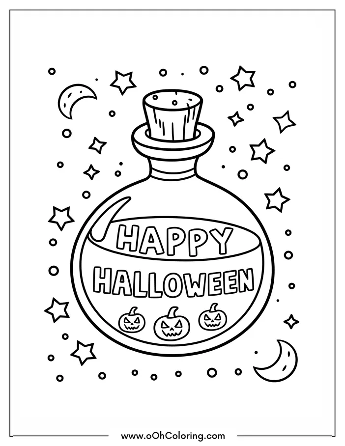 A Halloween coloring page with a potion bottle, stars, moons, and pumpkins.