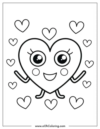 A coloring page of a smiling heart-shaped character with big eyes and smaller hearts around it