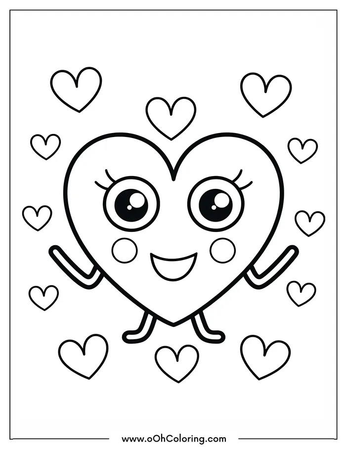 A coloring page of a smiling heart-shaped character with big eyes and smaller hearts around it