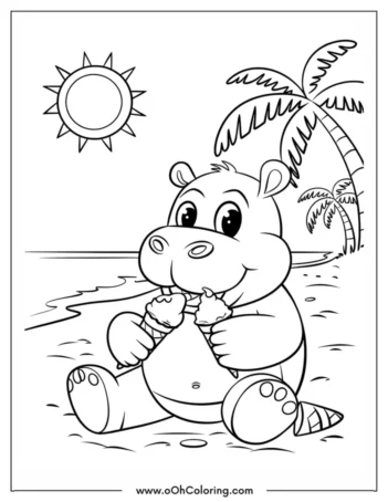 A coloring page of a cheerful hippo at a beach holding ice cream cones