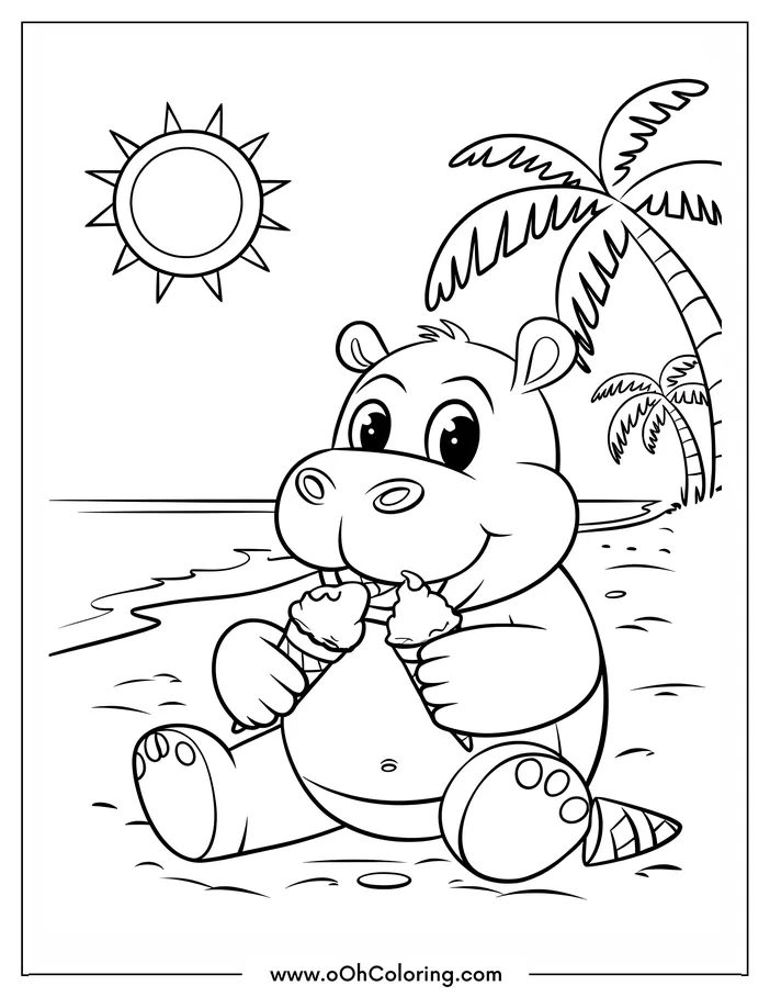 A coloring page of a cheerful hippo at a beach holding ice cream cones