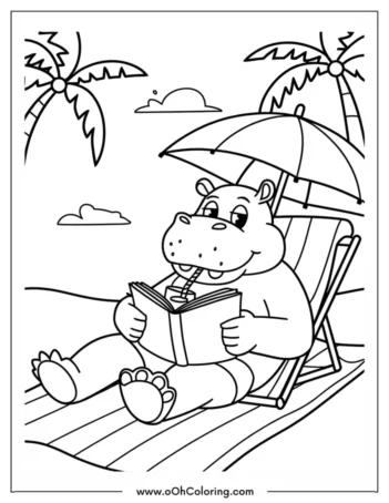Coloring page of a smiling hippo on a beach chair reading a book
