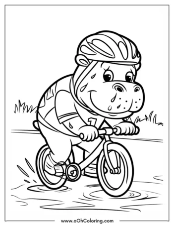 A coloring page of a hippo on a bicycle with a helmet.