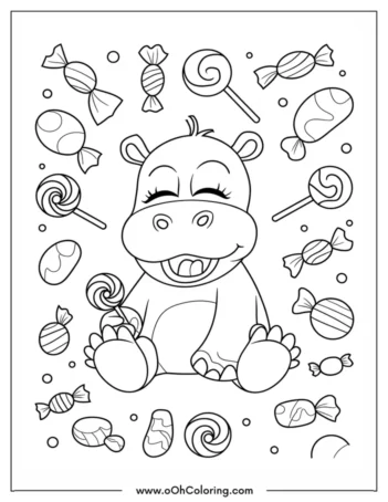 A coloring page of a smiling hippo with candies around it