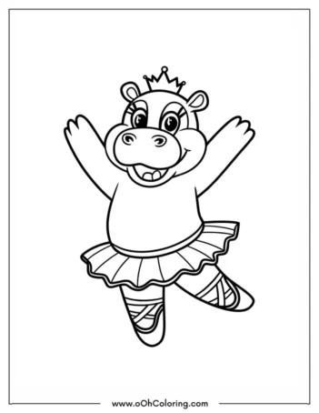 A coloring page of a hippopotamus wearing a tutu and crown, dancing joyfully.