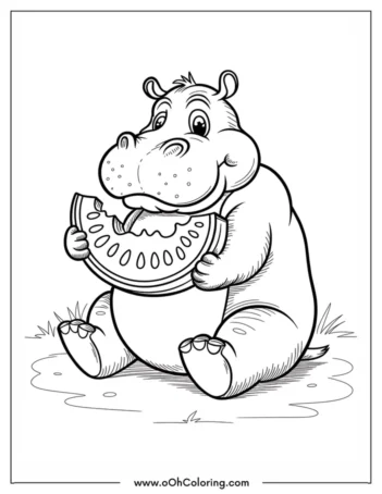 A coloring page of a smiling hippopotamus holding a watermelon slice