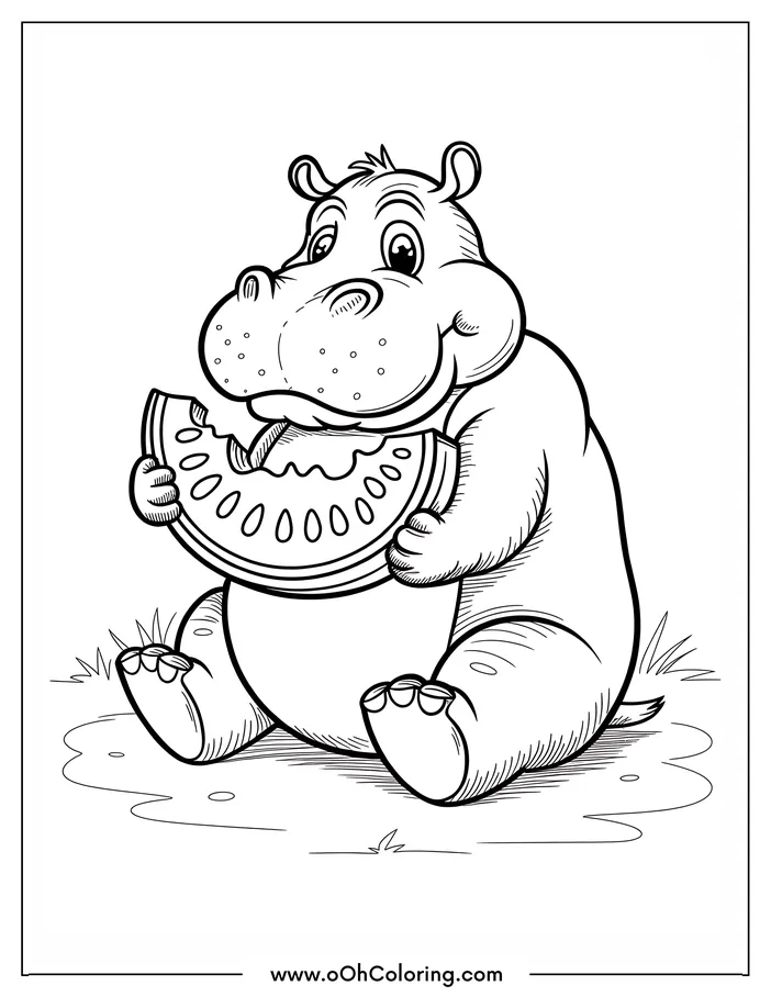 A coloring page of a smiling hippopotamus holding a watermelon slice