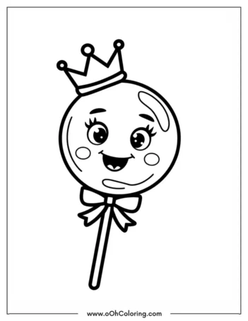 A coloring page of a smiling lollipop with a crown and bow
