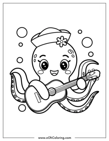 A coloring page of an octopus with a hat playing a guitar