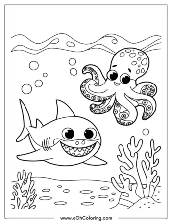 A coloring page of a smiling shark and a playful octopus in the sea