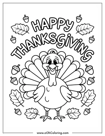 Cheerful turkey with 'Happy Thanksgiving' and decorative leaves and acorns.
