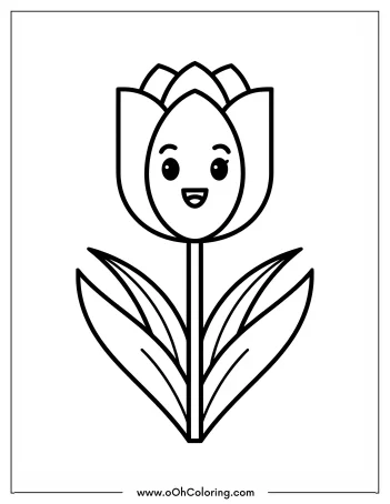 Coloring page of a tulip flower with a smiling face
