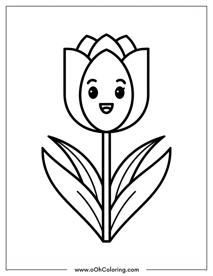 Coloring page of a tulip flower with a smiling face
