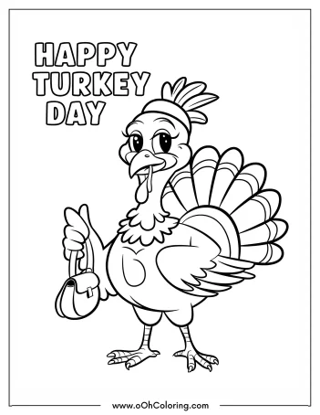 Turkey holding a handbag with Happy Turkey Day text.