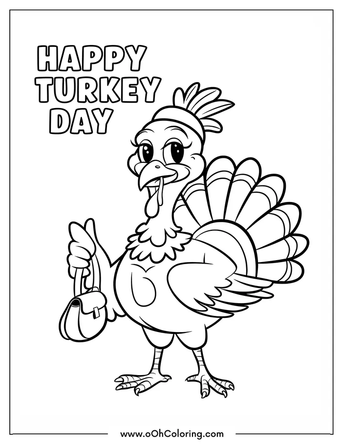 Turkey holding a handbag with Happy Turkey Day text.