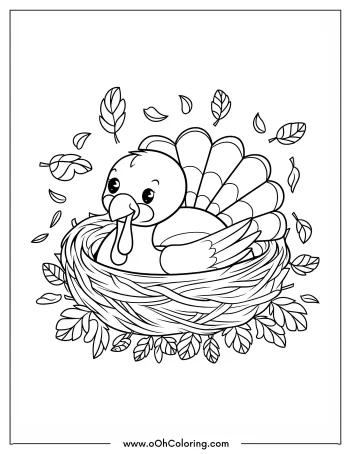 Smiling turkey in a nest surrounded by autumn leaves coloring page.