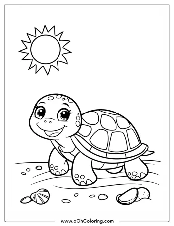 A coloring page of a smiling turtle with a sun above