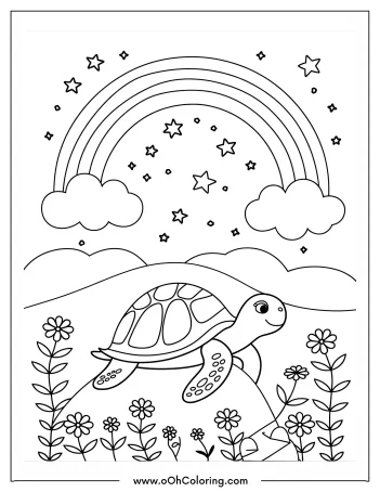 A coloring page of a happy turtle on a rock under a rainbow and stars.
