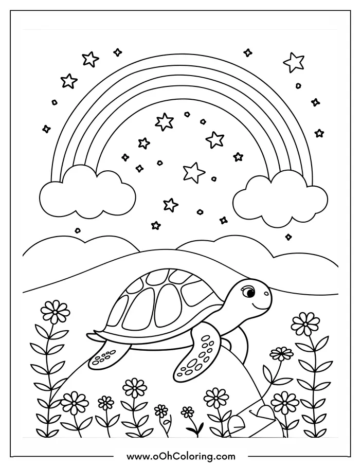 A coloring page of a happy turtle on a rock under a rainbow and stars.