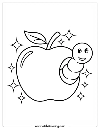 A coloring page with a smiling worm in an apple and stars around it