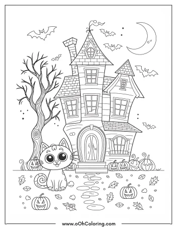 Coloring page of a cute cat in front of a haunted house with bats under a crescent moon.