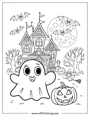 Smiling ghost in front of a haunted house with bats and a carved pumpkin.