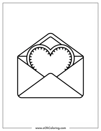 A coloring page of a heart inside an open envelope