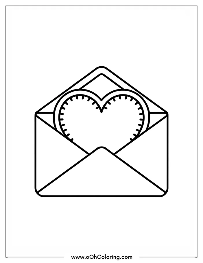 A coloring page of a heart inside an open envelope