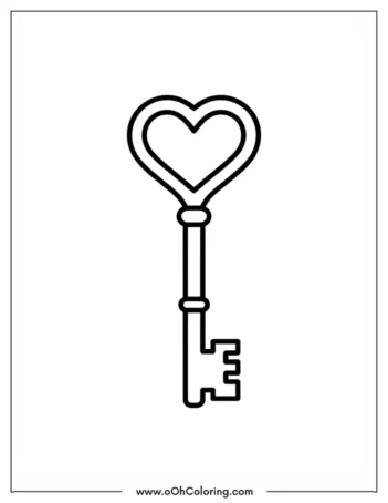 A coloring page of a vintage key with a heart-shaped handle