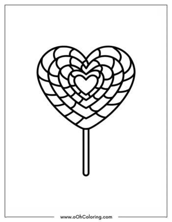 A coloring page of a heart-shaped lollipop with detailed patterns