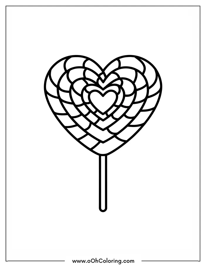 A coloring page of a heart-shaped lollipop with detailed patterns