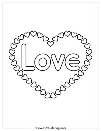 Coloring page with the word 'Love' inside a heart made of smaller hearts