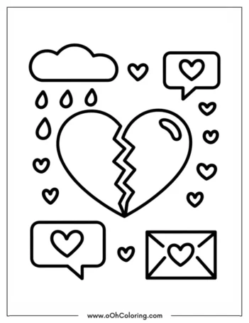 Coloring page with a broken heart, love symbols, and a cloud with raindrops