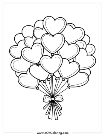 Coloring page of a bunch of heart-shaped balloons with a ribbon