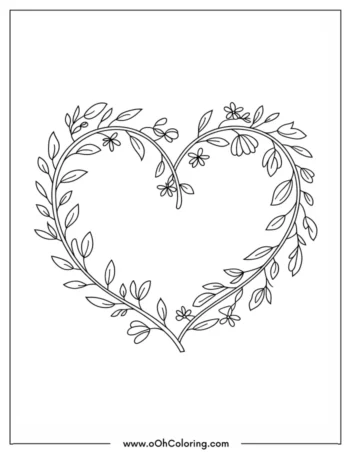 Coloring page of a heart-shaped vine with flowers