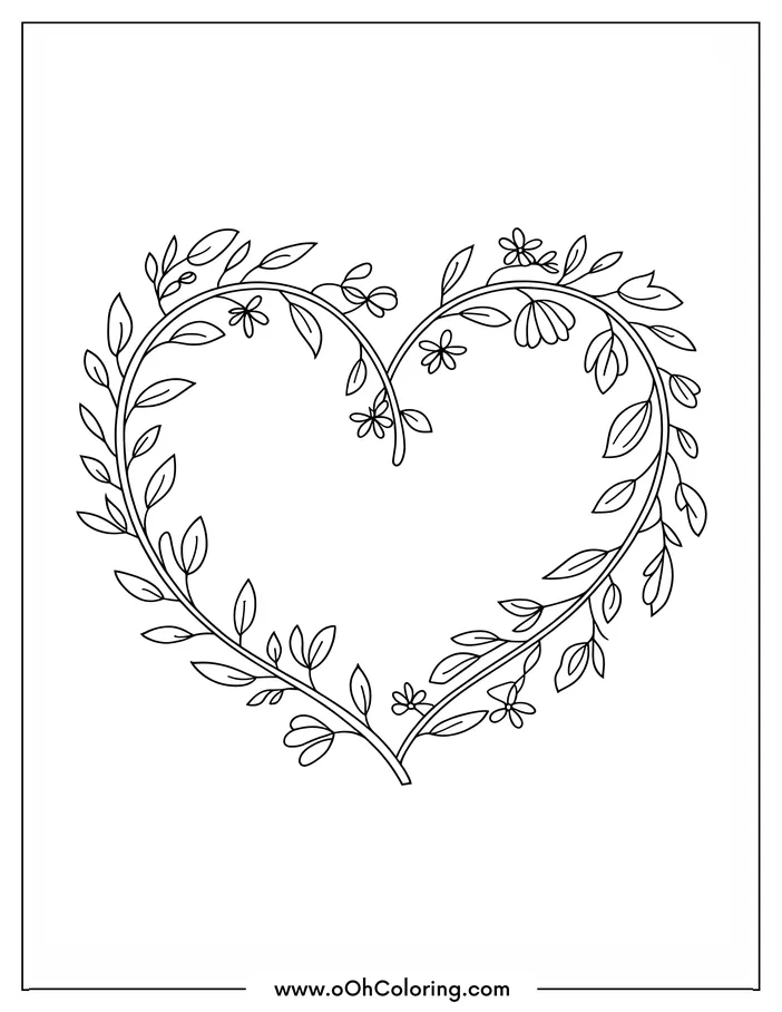Coloring page of a heart-shaped vine with flowers