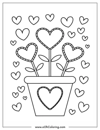 A coloring page of heart-shaped flowers in a pot with floating hearts