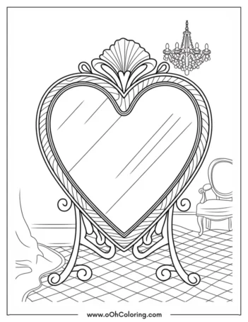 A coloring page of a heart-shaped mirror with decorative elements