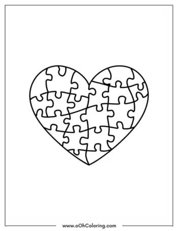 A coloring page of a heart made from puzzle pieces
