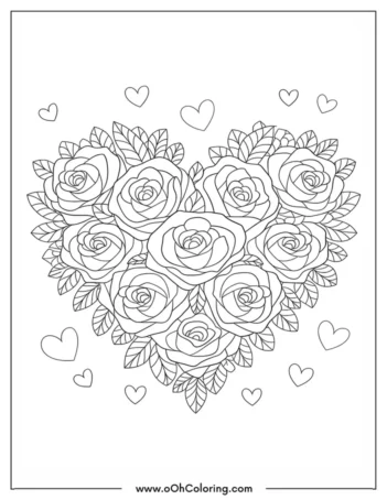 A coloring page of roses arranged in a heart shape with decorative hearts.