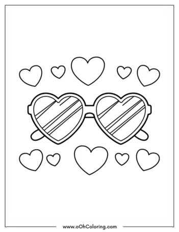 Coloring page of heart-shaped sunglasses with surrounding hearts