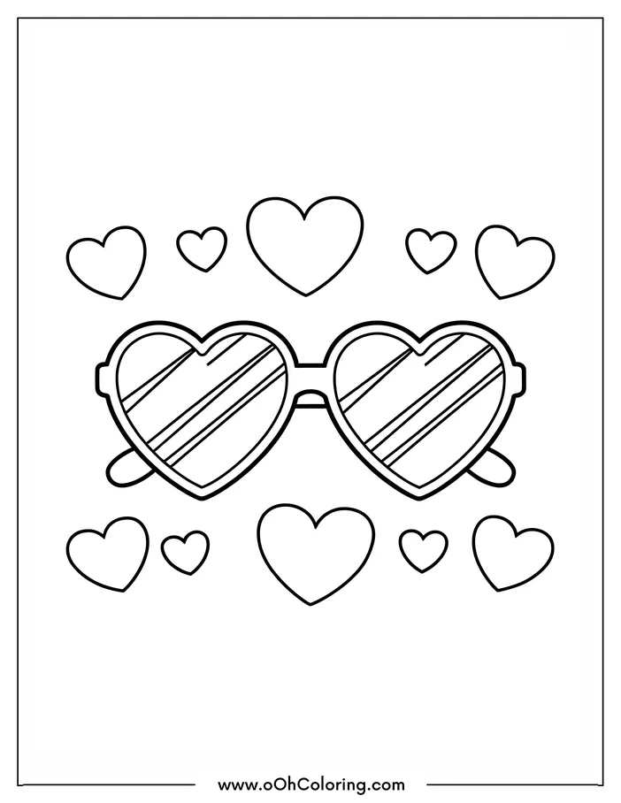 Coloring page of heart-shaped sunglasses with surrounding hearts